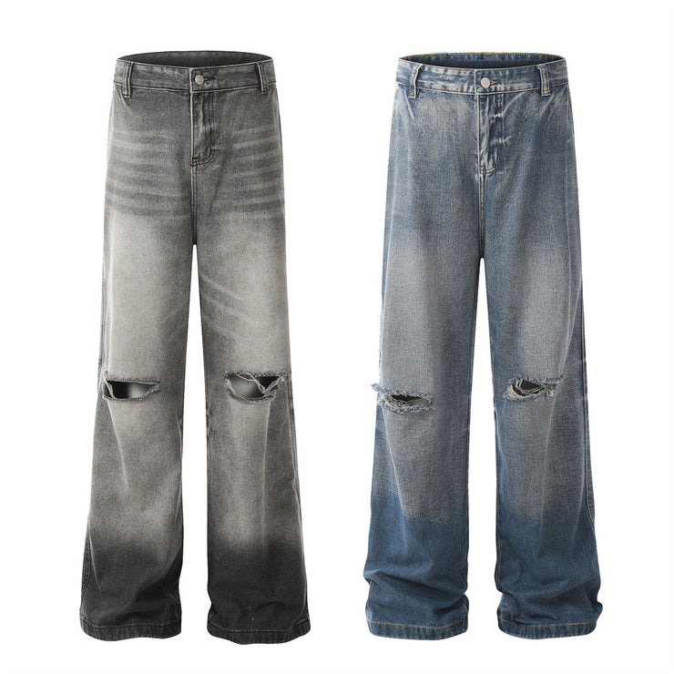 Washed Gradient Ripped Jeans Men's Retro