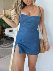 Square Neck Suspender Split Denim Dress