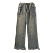 Retro Washed Embroidery Worn Jeans Men