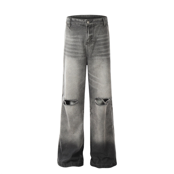 Washed Gradient Ripped Jeans Men's Retro