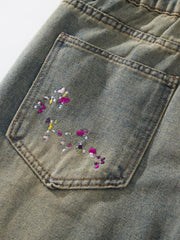 Retro Washed Embroidery Worn Jeans Men