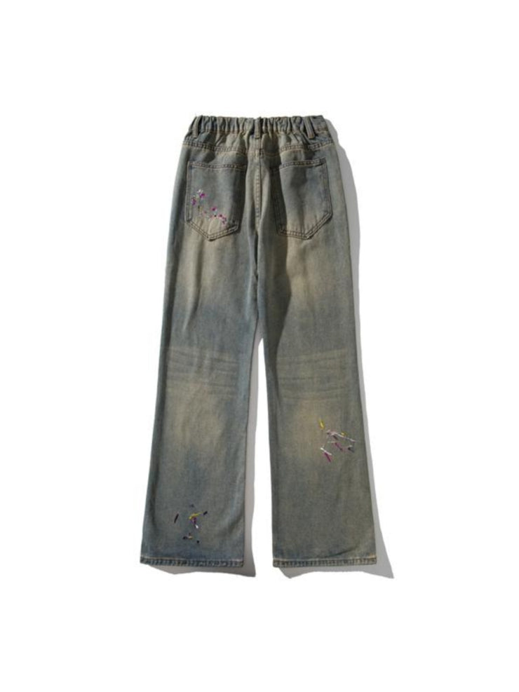 Retro Washed Embroidery Worn Jeans Men