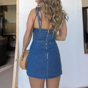 Square Neck Suspender Split Denim Dress