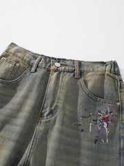 Retro Washed Embroidery Worn Jeans Men